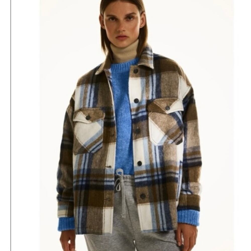 ZARA Oversized Plaid Shaket Jacket L Italian Wool Fabric Blue Brown Grunge 90s
